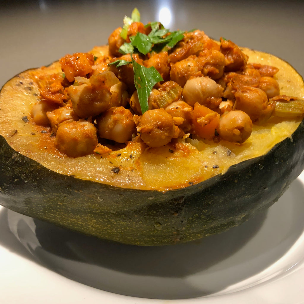 Roasted Squash Stuffed with Harissa Chick Pea Stew