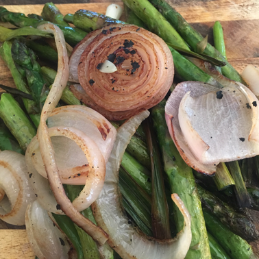 Grilled Onion and Asparagus with Honey Pepper Dressing