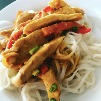 Sesame Peanut Chicken Stir-fry with Coconut Rice Noodles