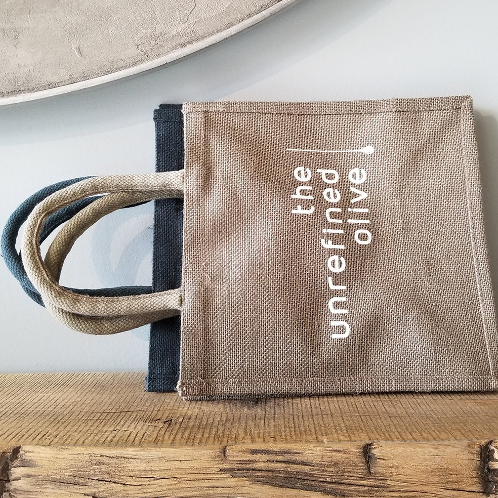 Jute gift bags for The Unrefined Olive in Kanata and The Glebe